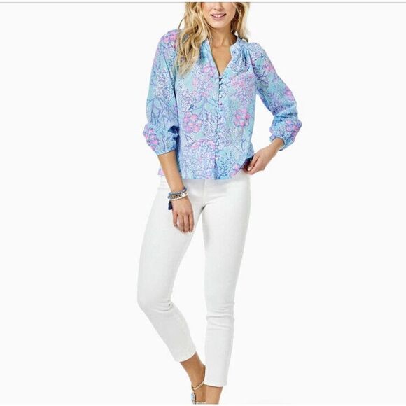 Lilly Pulitzer Coleman Top Now You Sea Me Blue Ibiza Button Up Size X-Small New - Picture 3 of 12